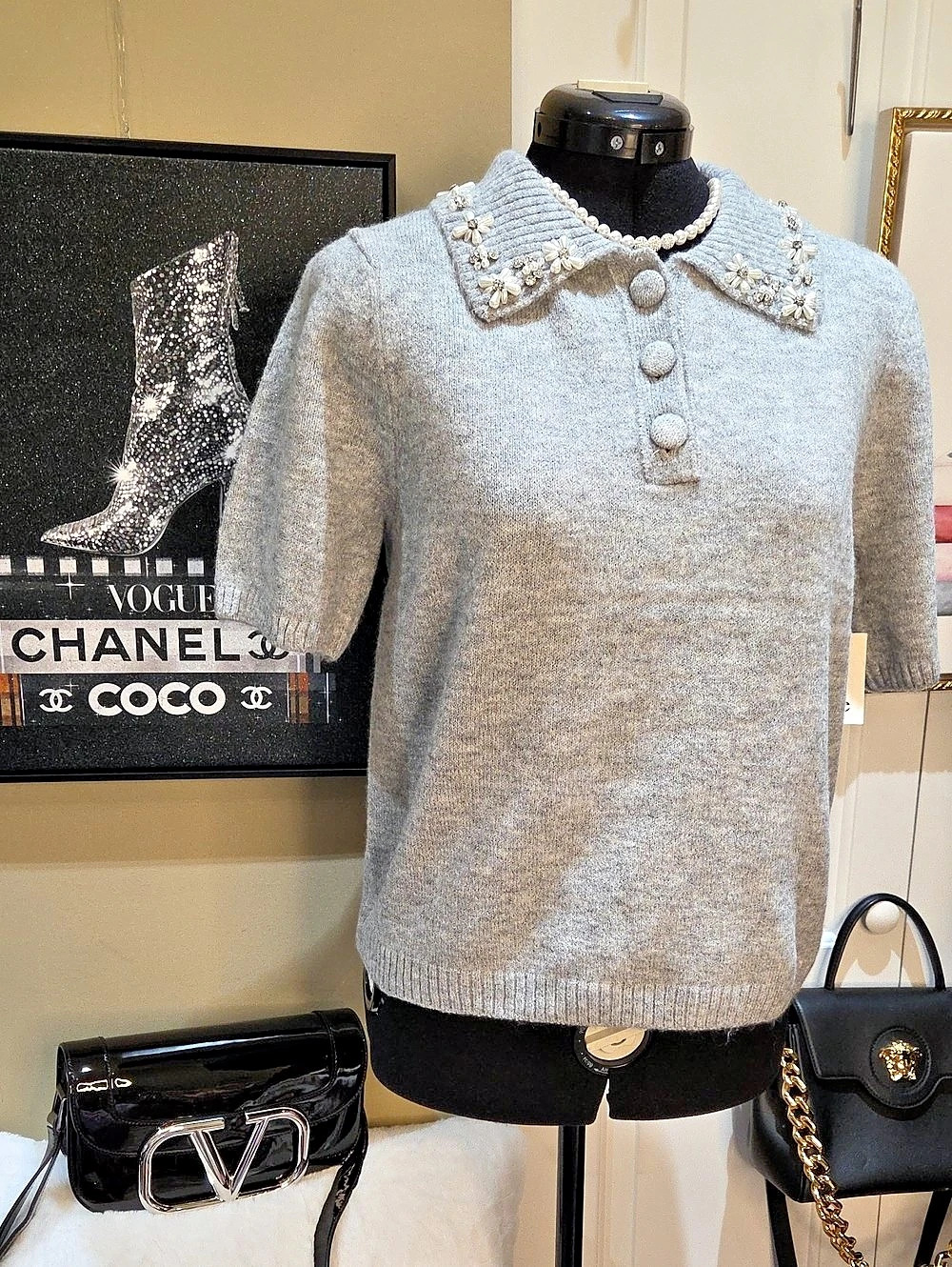 Nwt M CeCe Beaded Short Sleeve Sweater Gray